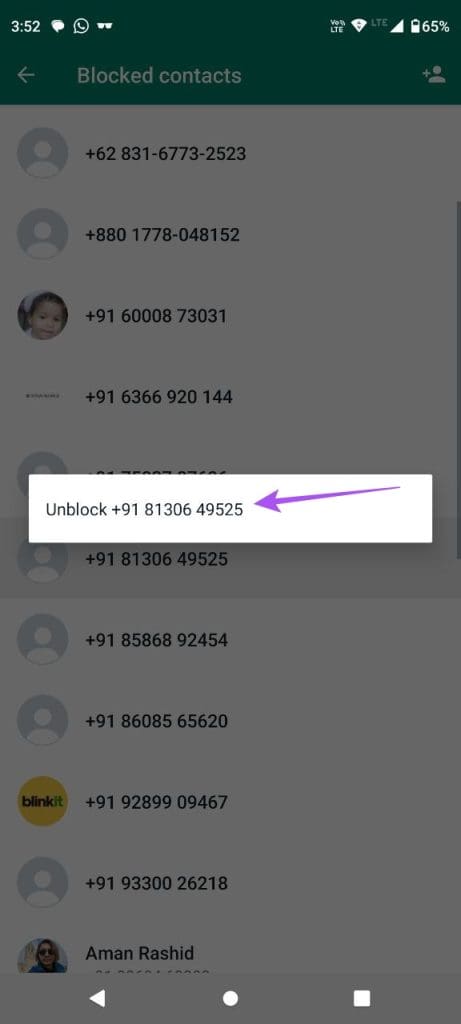 unblock whatsapp contact Android