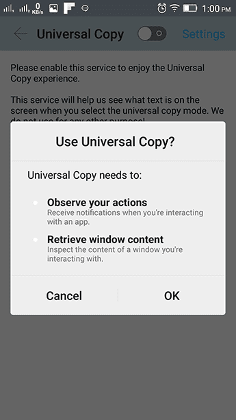 Universal Copy Accessibility Options
