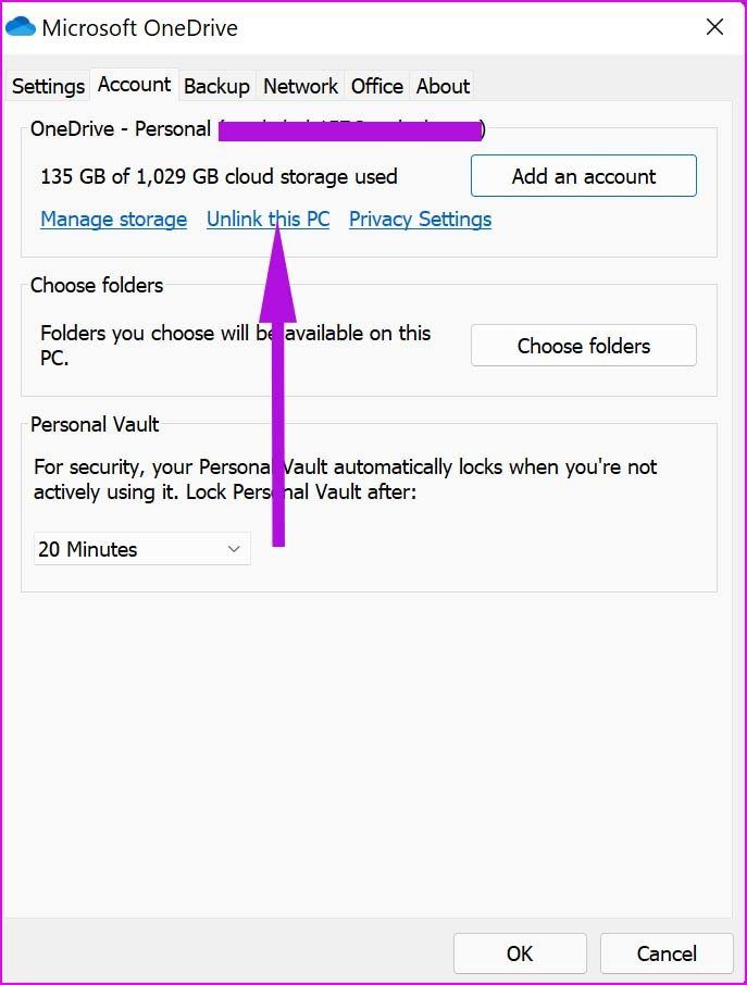 Unlink onedrive from pc