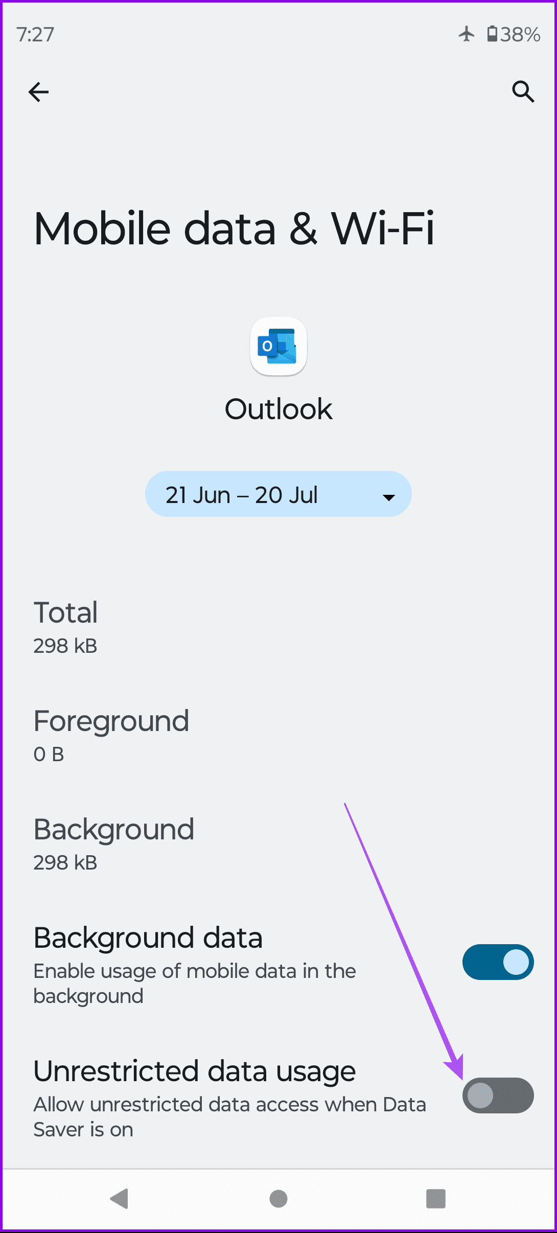 unrestricted data usage outlook app android