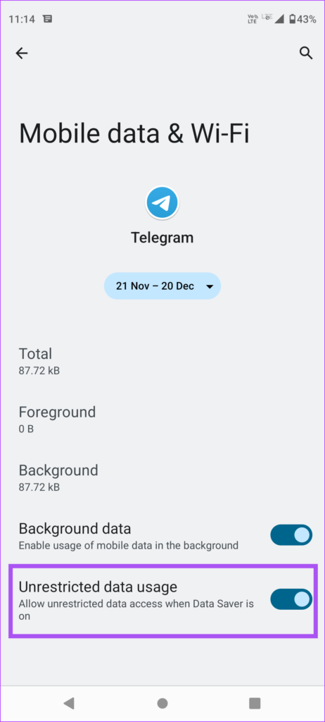 unrestricted data usage telegram android