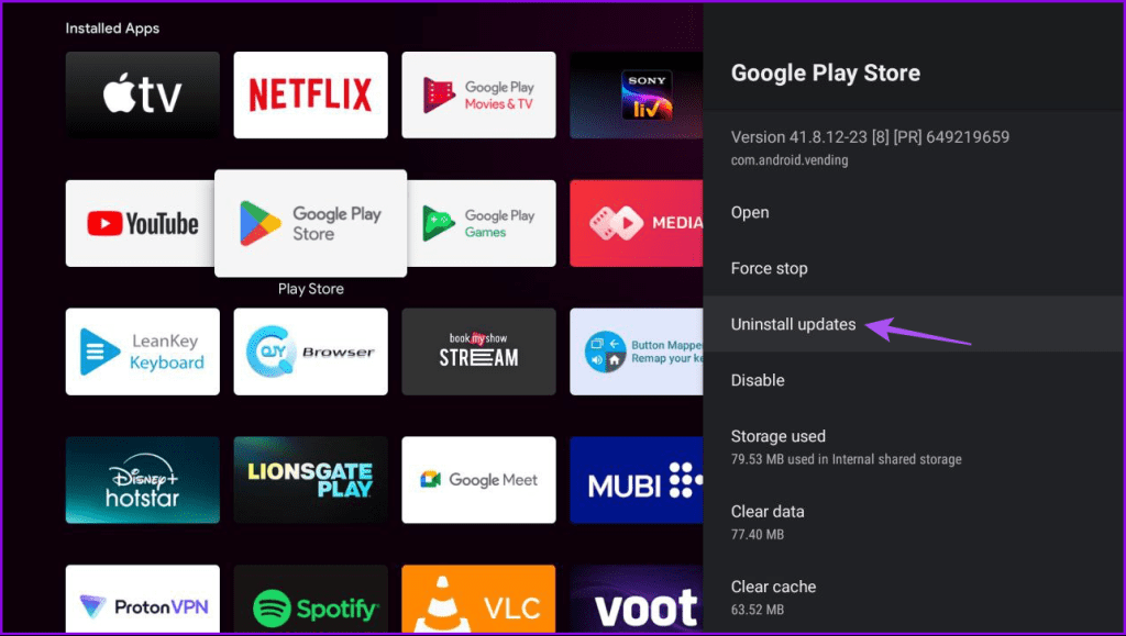 unsintall update play store android tv