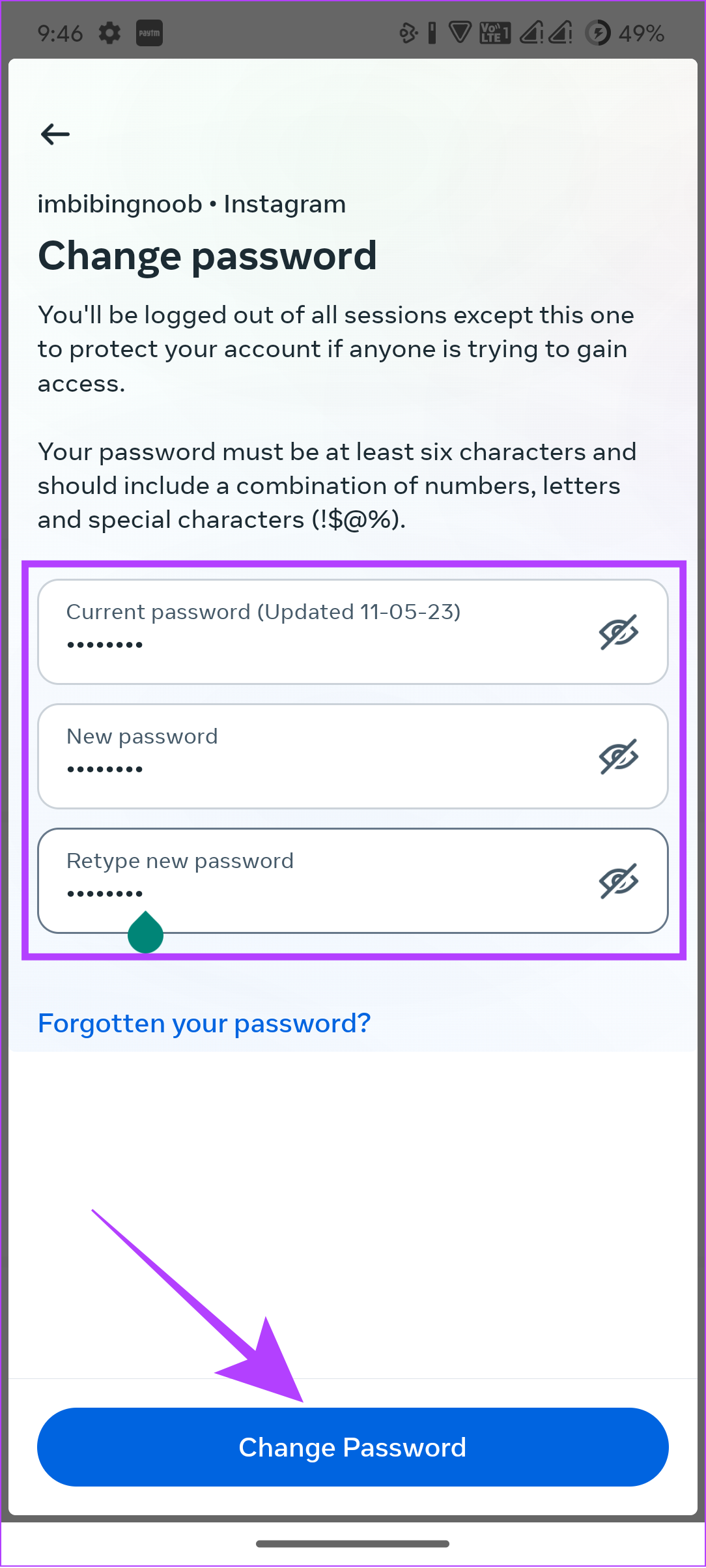 update password and tap change password