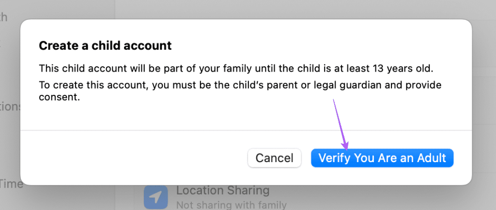 verify you are an audlt family sharing child account mac