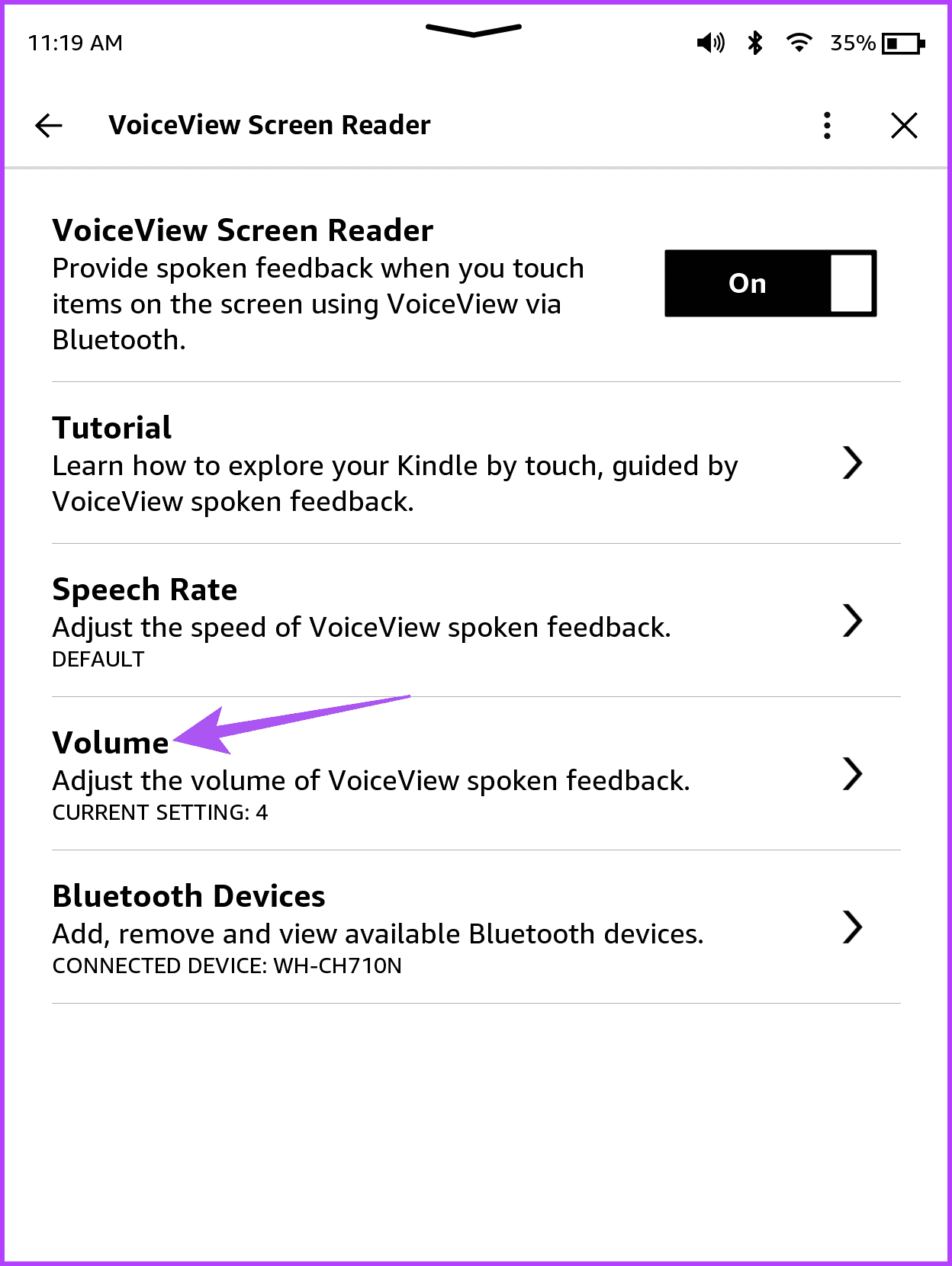 volume voiceview screen reader kindle