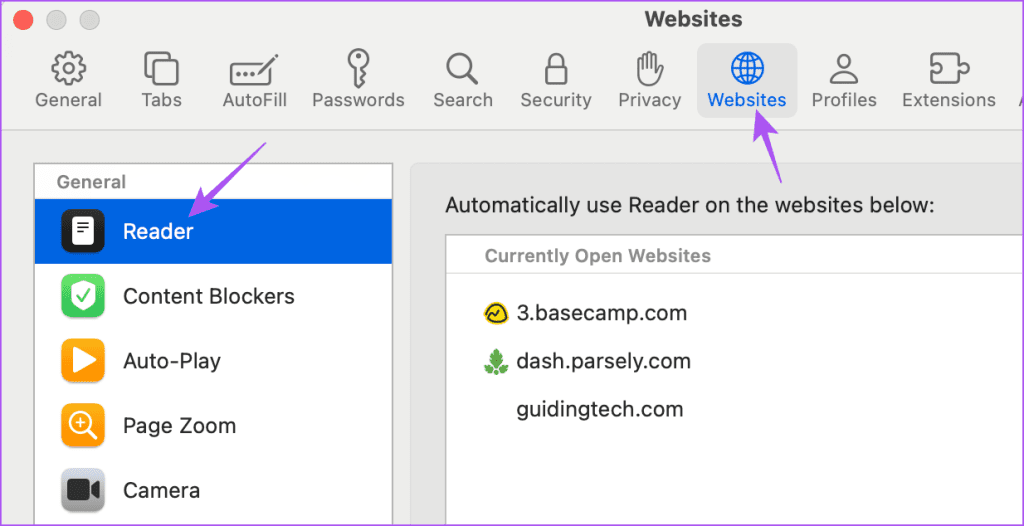 websites reader settings mac