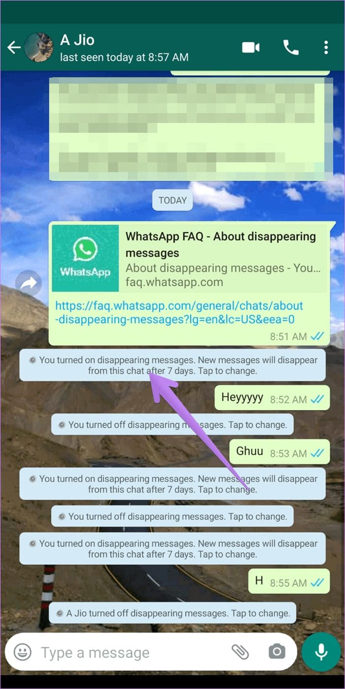 Whatsapp disappearing messages were turned off meaning 1