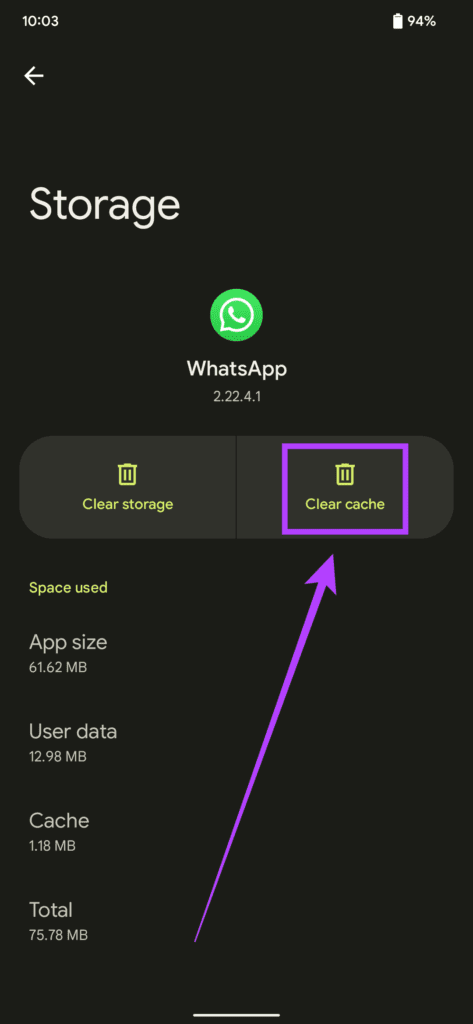 Clear Cache option on WhatsApp