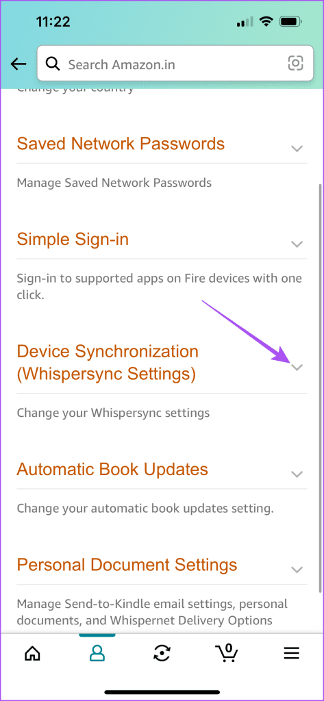 whispersync settings amazon app